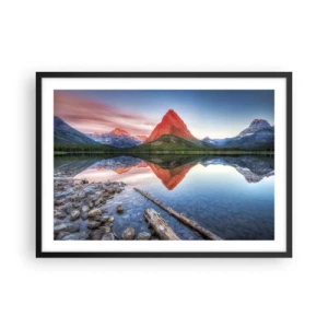 Poster in einem schwarzem Rahmen - Ein Berg, der sich bei Sonnenuntergang in einem See spiegelt - 70x50cm - Hitze und Kälte - Moderne Wanddekoration für Wohnzimmer und Schlafzimmer ARTTOR