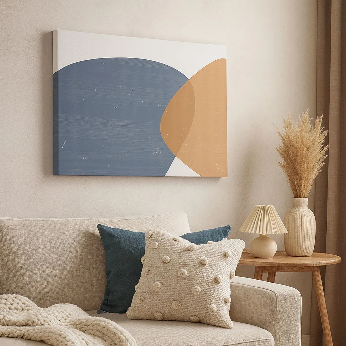 Bild auf Leinwand - Leinwandbild - Eine minimalistische geometrische Komposition in Blau- und Orangetönen. - 70x50cm - Ovale und Einflüsse - Moderne Wanddekoration für Wohnzimmer und Schlafzimmer ARTTOR