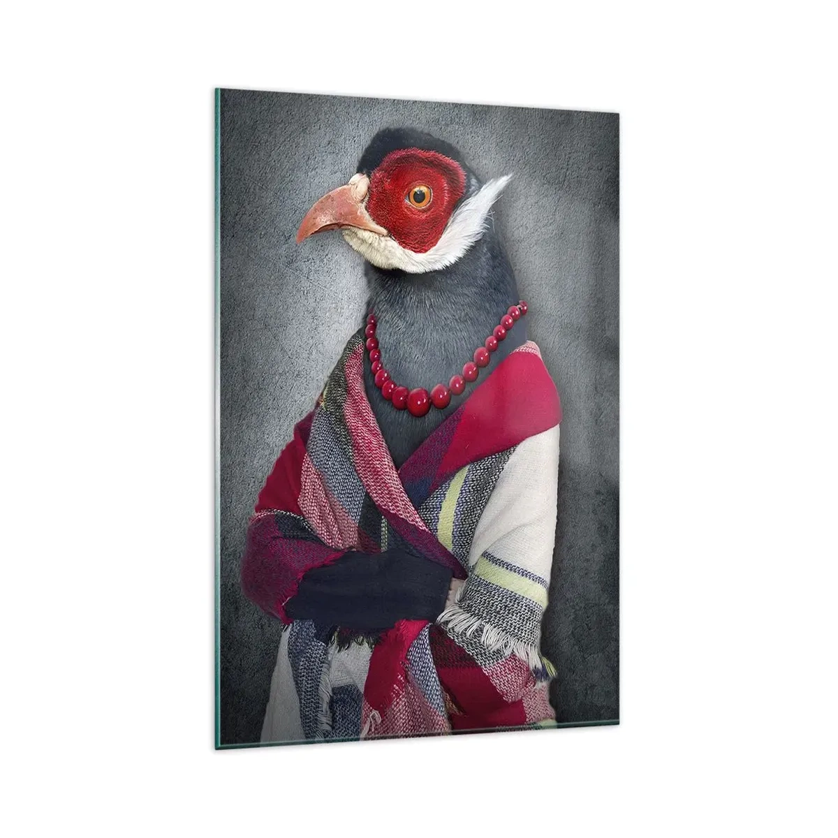 Glasbild - Bild auf glas - Stilisierte Porträts eines Wolfes, eines Fasans und eines Löwen in eleganter Kleidung - 80x120cm - Was mache ich hier?! - Moderne Wanddekoration für Wohnzimmer und Schlafzimmer ARTTOR