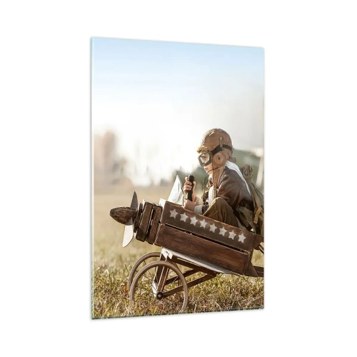 Glasbild - Bild auf glas - Ein Kind in einem Spielzeugflugzeug mit einem Feld im Hintergrund - 80x120cm - Start in Richtung eines Traums - Moderne Wanddekoration für Wohnzimmer und Schlafzimmer ARTTOR