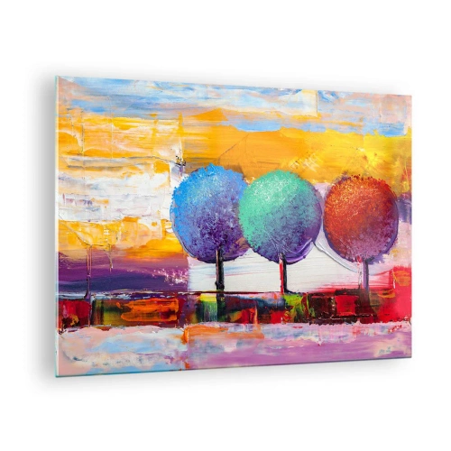 Glasbild - Bild auf glas - Bunte abstrakte Bäume auf einem intensiven Hintergrund - 70x50cm - Aller guten Dinge sind drei - Moderne Wanddekoration für Wohnzimmer und Schlafzimmer ARTTOR