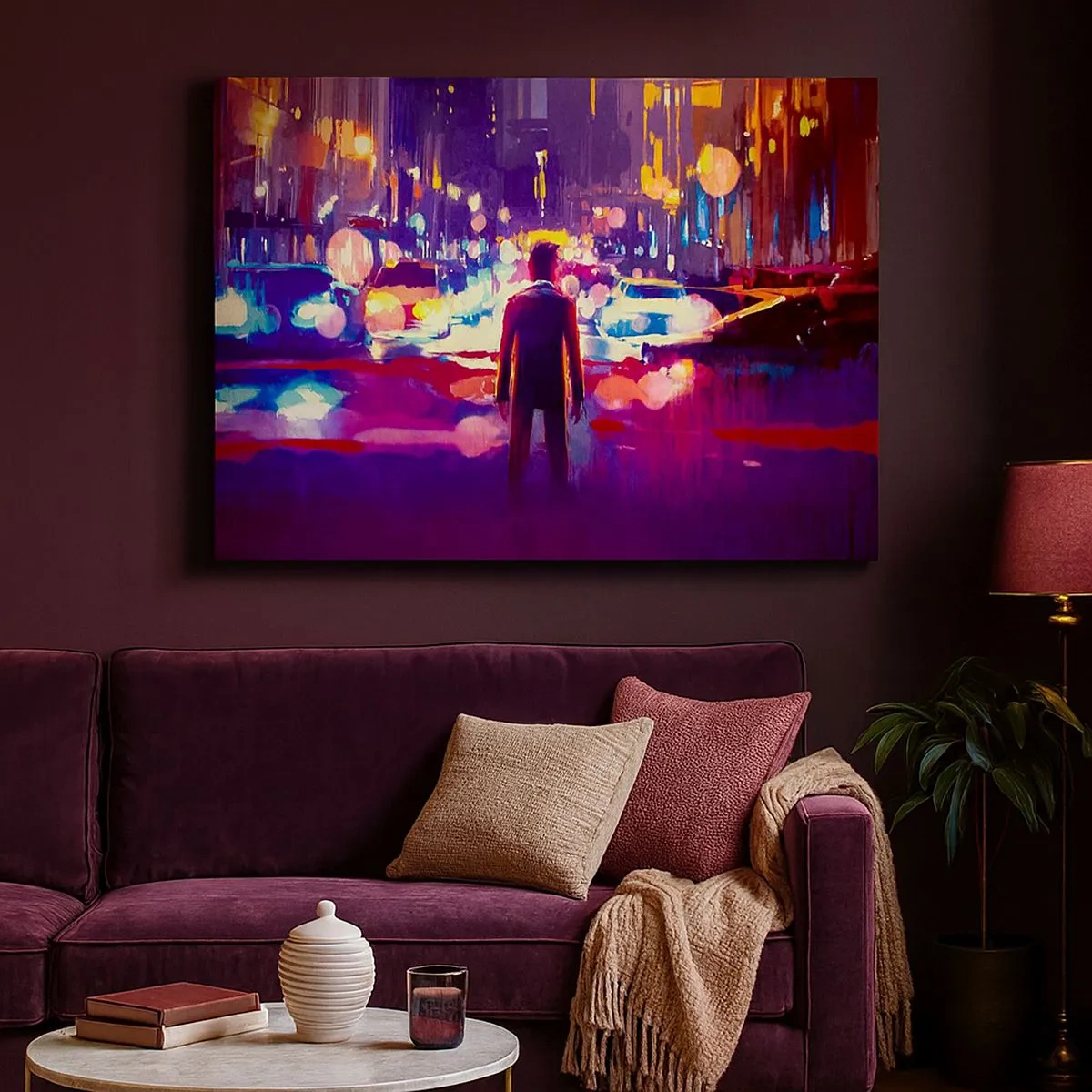Bild auf Leinwand - Leinwandbild - Ein Mann in einer neonfarbenen Nachtszene einer Stadt - 70x50cm - Eingetaucht in das Licht - Moderne Wanddekoration für Wohnzimmer und Schlafzimmer ARTTOR