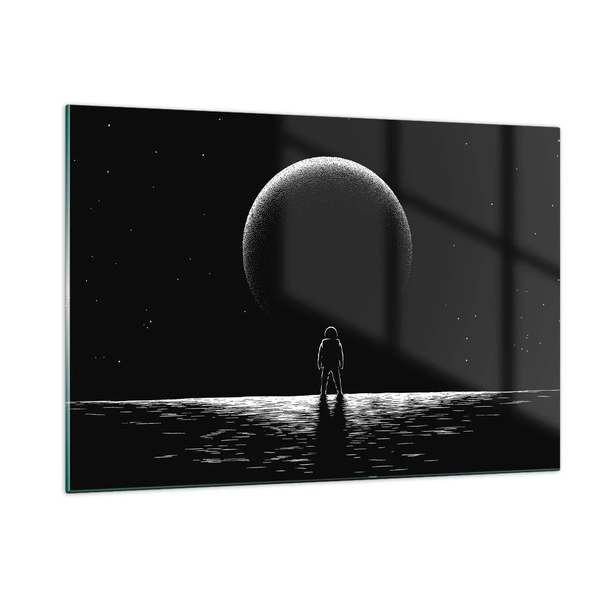 Glasbild - Bild auf glas - Astronaut steht vor einem Planeten in Schwarzweiß - 120x80cm - Angesicht zu Angesicht - Moderne Wanddekoration für Wohnzimmer und Schlafzimmer ARTTOR
