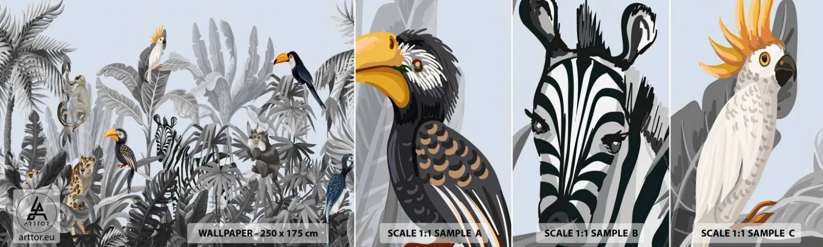 Fototapetenmuster Standard Eco - Afrikanisches Märchen - Abstraktion, Dschungel, Tiere - 100x30 cm