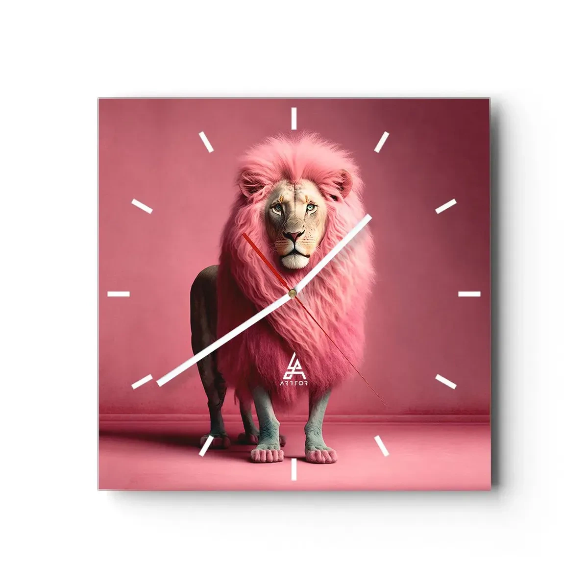 Wanduhr - Glasuhr - Ein künstlerisch gestalteter Löwe mit rosa Mähne auf rosa Hintergrund - 30x30cm - Und du hast keine Angst mehr - Moderne Wanddekoration für Wohnzimmer und Schlafzimmer ARTTOR