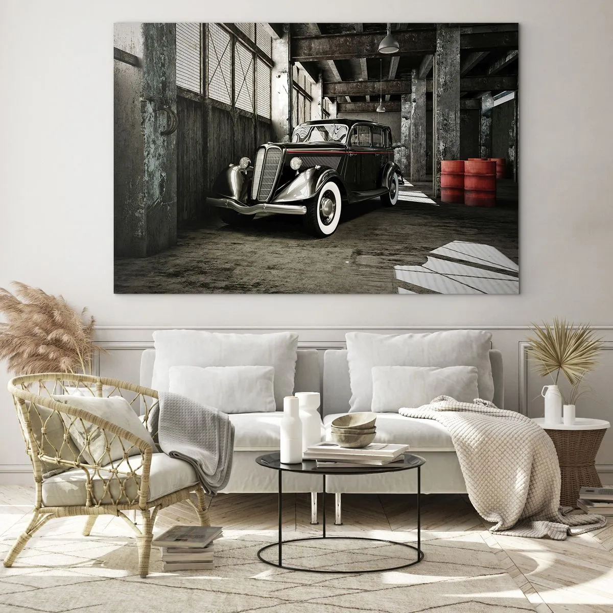 Glasbild - Bild auf glas - Ein Oldtimer in einer stilvollen Garage - 70x50cm - Die ewige Eleganz der 1930er Jahre - Moderne Wanddekoration für Wohnzimmer und Schlafzimmer ARTTOR