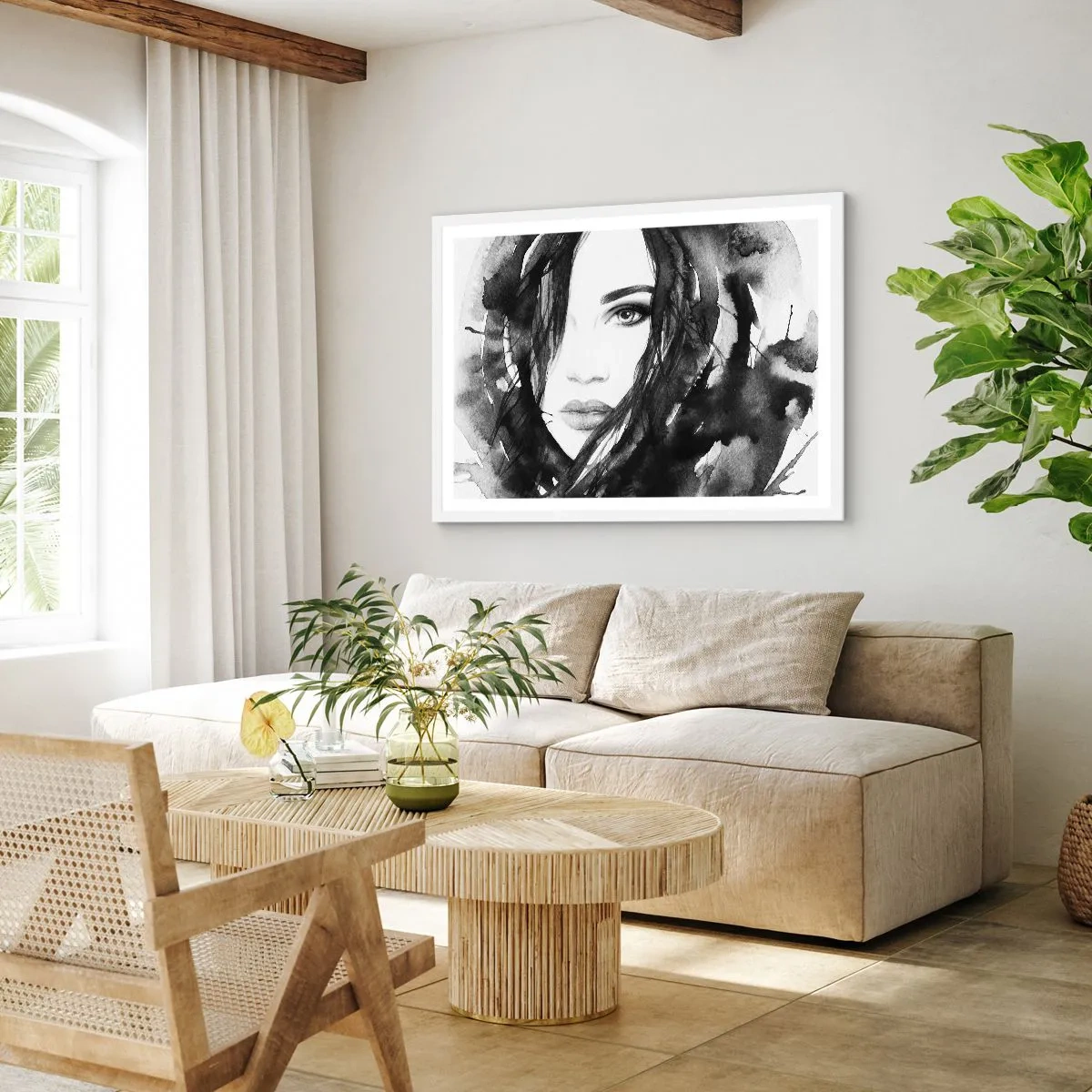 Poster in einem weißen Rahmen - Porträt einer Dame in Schwarzweiß - 50x40 cm