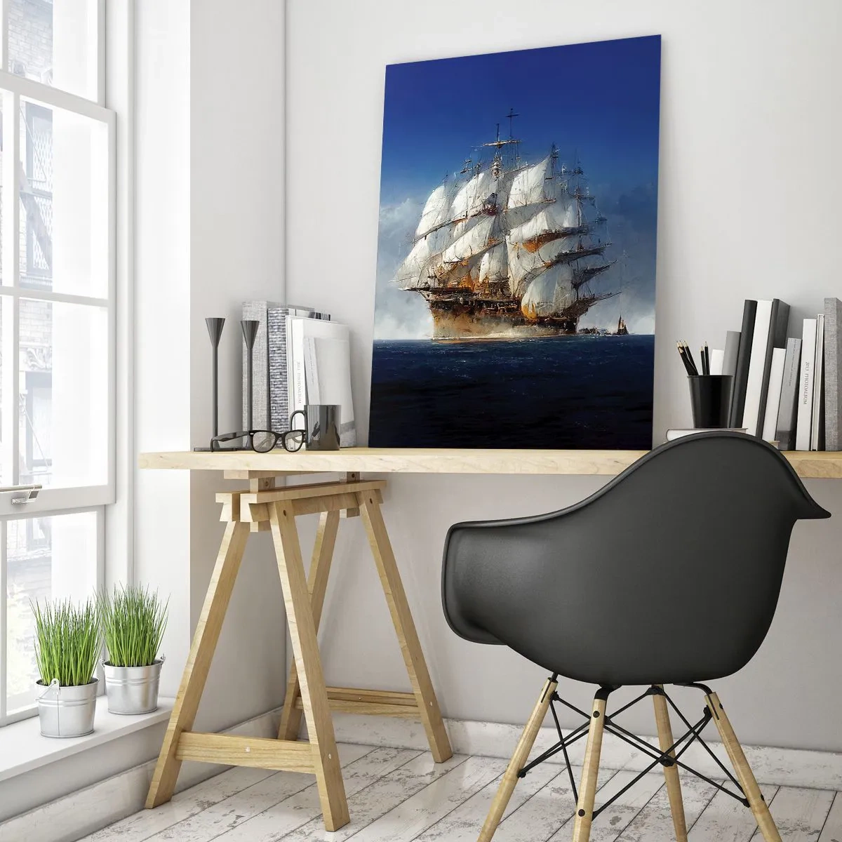 Glasbild - Bild auf glas - Ein Segelschiff auf offener See unter blauem Himmel - 80x120cm - Der große Ruhm! - Moderne Wanddekoration für Wohnzimmer und Schlafzimmer ARTTOR