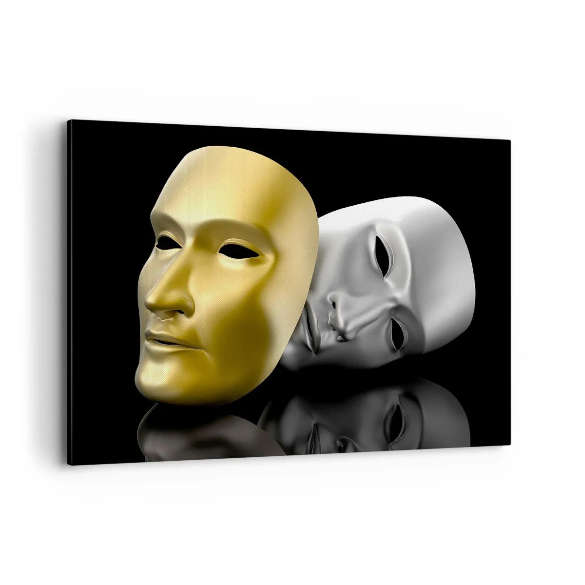Bild auf Leinwand - Leinwandbild - Gold- und Silbermaske auf schwarzem Hintergrund - 100x70cm - Das Leben ist wie ein Theater - Moderne Wanddekoration für Wohnzimmer und Schlafzimmer ARTTOR