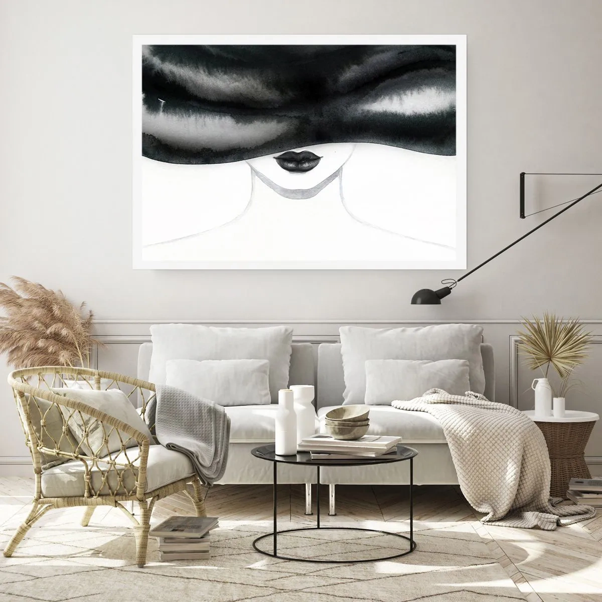 Poster - Ein subtiles Porträt einer Frau, deren Gesicht in einem monochromen Stil bedeckt ist. - 100x70cm - Ein sinnliches Geheimnis - Moderne Wanddekoration für Wohnzimmer und Schlafzimmer ARTTOR