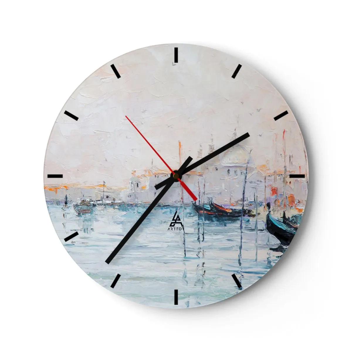 Wanduhr - Glasuhr - Ein impressionistisches Gemälde eines Hafens mit Booten auf ruhigem Wasser. - 30x30cm - Hinter dem Wasser, hinter dem Nebel - Moderne Wanddekoration für Wohnzimmer, Küche und Schlafzimmer ARTTOR