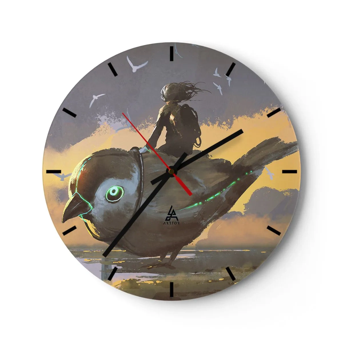 Wanduhr - Glasuhr - Eine Figur auf einem mechanischen Vogel in einer Fantasielandschaft - 30x30cm - Ein Stopp auf einer fantastischen Reise - Moderne Wanddekoration für Wohnzimmer, Küche und Schlafzimmer ARTTOR