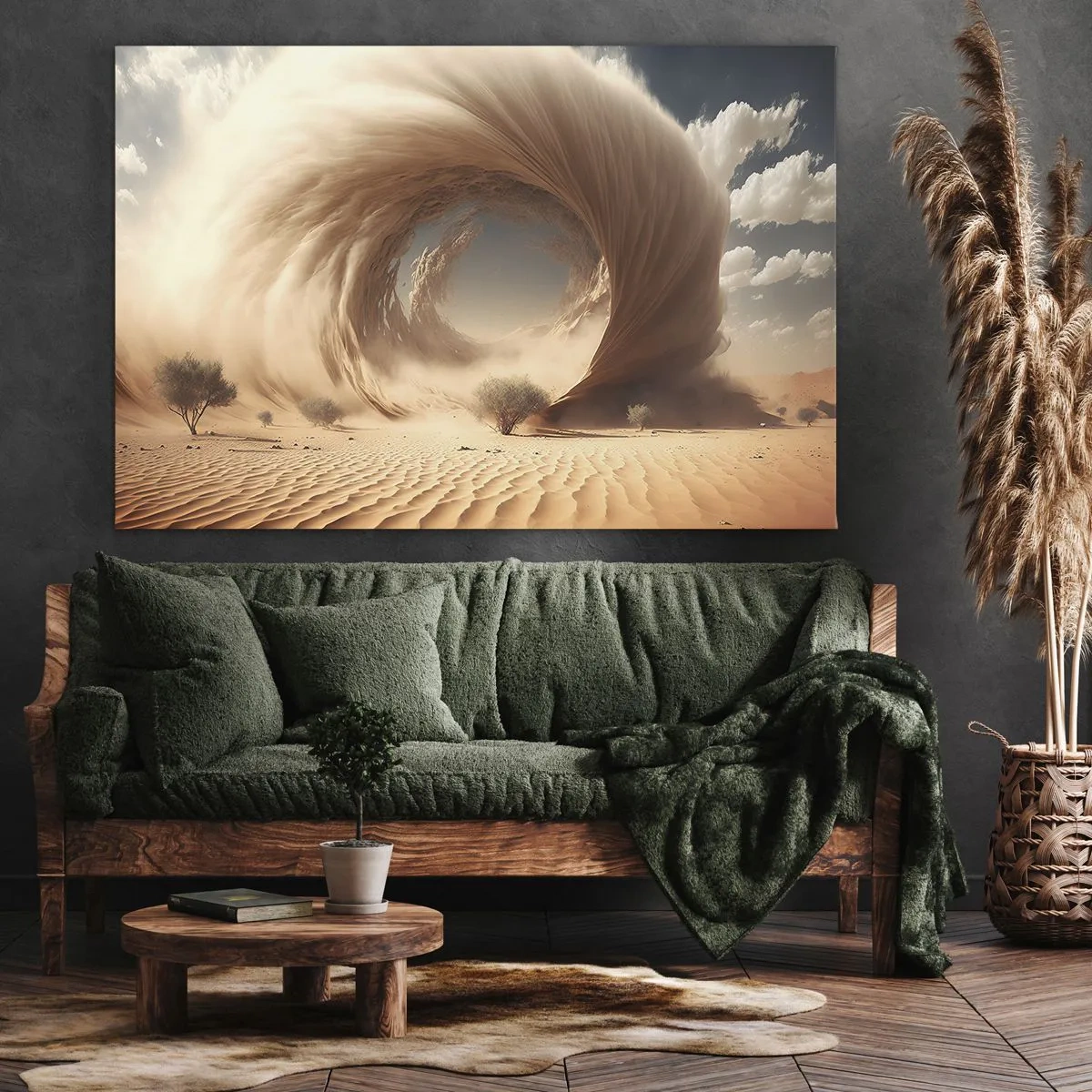 Bild auf Leinwand - Leinwandbild - Dynamischer Sandwirbel in einer Wüste mit Bäumen - 70x50cm - Geöffnetes Portal - Moderne Wanddekoration für Wohnzimmer und Schlafzimmer ARTTOR