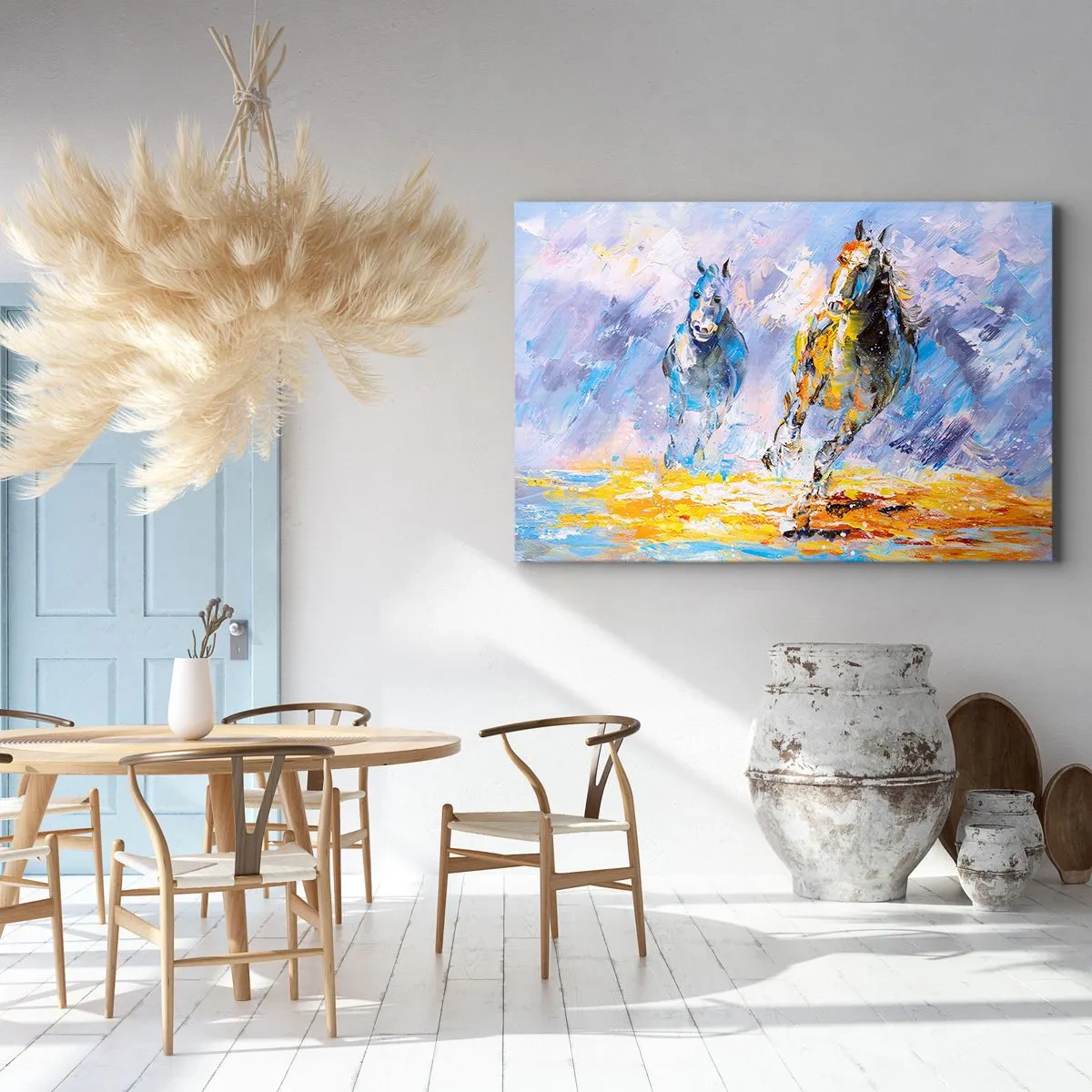 Bild auf Leinwand - Leinwandbild - Zwei Pferde in Bewegung vor dem Hintergrund einer abstrakten Landschaft - 120x80cm - Galopp durch die Blendung - Moderne Wanddekoration für Wohnzimmer und Schlafzimmer ARTTOR