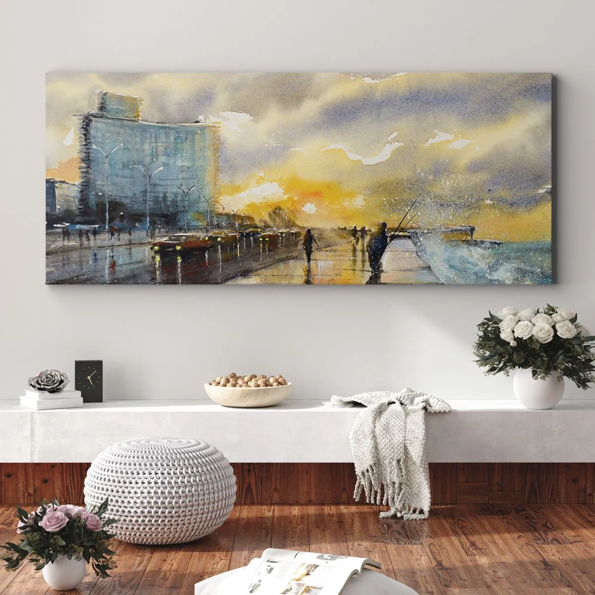 Bild auf Leinwand - Leinwandbild - Ein malerischer Blick auf die Strandpromenade bei Sonnenuntergang - 140x50cm - Leben am Ufer - Moderne Wanddekoration für Wohnzimmer und Schlafzimmer ARTTOR