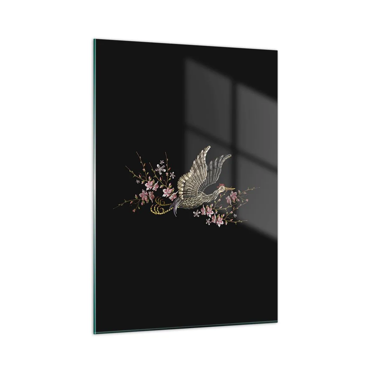 Glasbild - Bild auf glas - Gestickter Vogel im Flug mit Blumen im Hintergrund auf dunklem Untergrund - 50x70cm - Exotischer gestickter Vogel - Moderne Wanddekoration für Wohnzimmer und Schlafzimmer ARTTOR