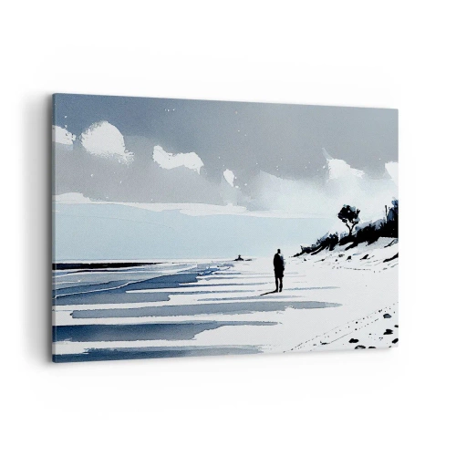 Bild auf Leinwand - Leinwandbild - Eine einsame Gestalt, die an einem leeren Strand entlanggeht - 100x70cm - Allein sein - Moderne Wanddekoration für Wohnzimmer und Schlafzimmer ARTTOR