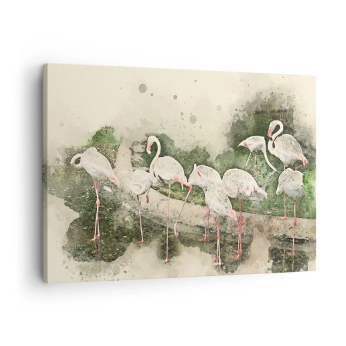 Bild auf Leinwand - Leinwandbild - Flamingos in ihrer natürlichen Umgebung im Aquarellstil - 70x50cm - Exotischer Traum - Moderne Wanddekoration für Wohnzimmer und Schlafzimmer ARTTOR