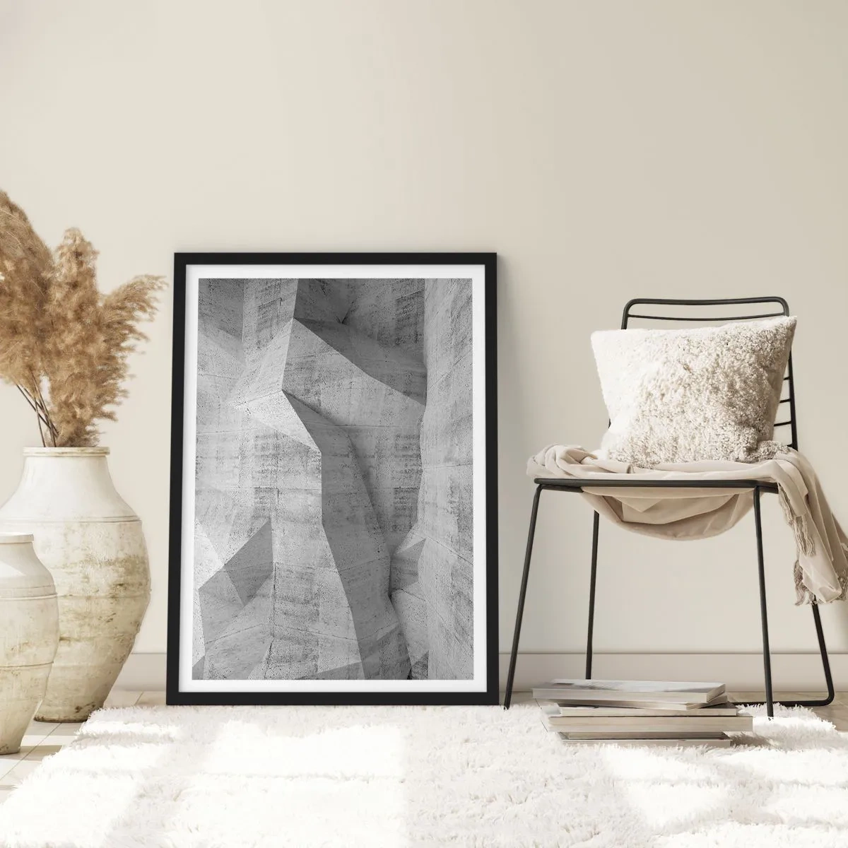 Poster in einem schwarzem Rahmen - Geometrische Formen in Grautönen - 50x70cm - Eine echte Herausforderung - Moderne Wanddekoration für Wohnzimmer und Schlafzimmer ARTTOR