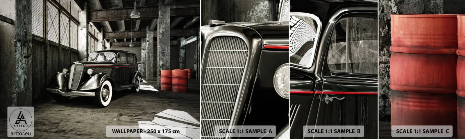 Fototapetenmuster Standard Eco - Die ewige Eleganz der 1930er Jahre - Automobil, Retro-Auto, Fabriklager - 100x30 cm