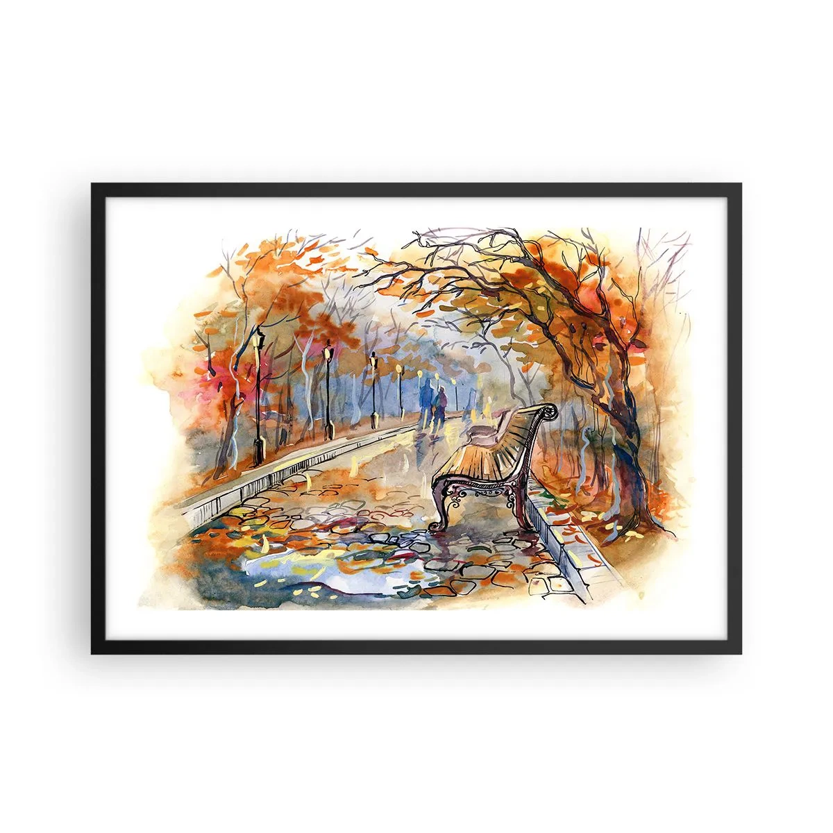 Poster in einem schwarzem Rahmen - Ein herbstlicher Park mit einer Bank in Aquarell - 70x50cm - Gemeinsam im Herbst wandern - Moderne Wanddekoration für Wohnzimmer und Schlafzimmer ARTTOR