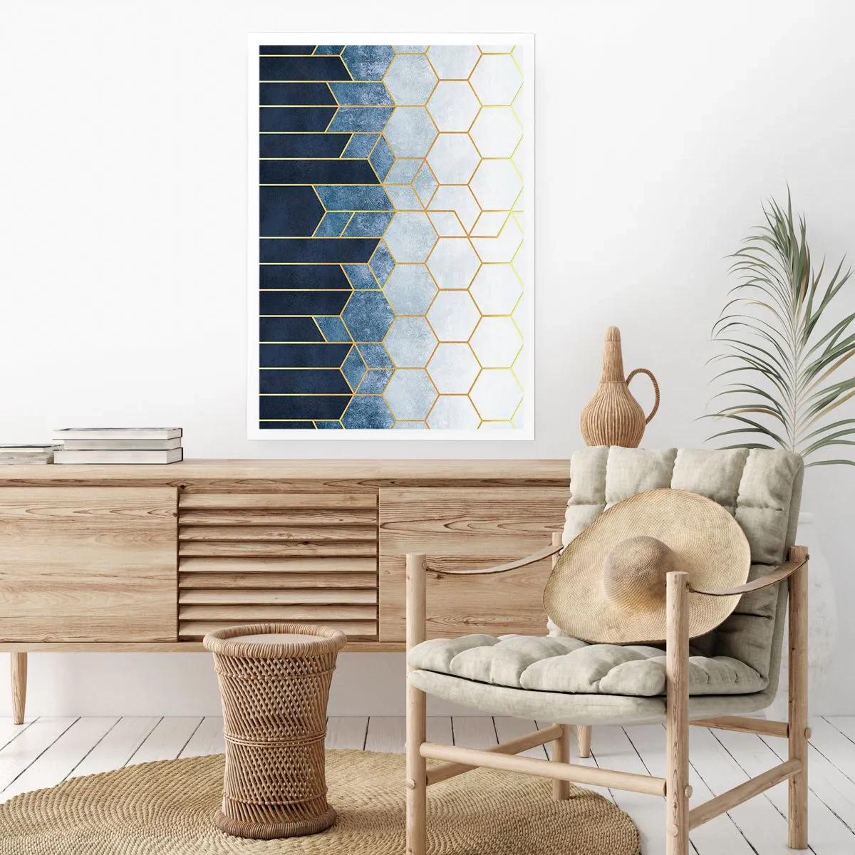 Poster - Geometrische Komposition in Marineblau- und Goldtönen mit Sechsecken - 50x70cm - Komposition im synkopischen Rhythmus - Moderne Wanddekoration für Wohnzimmer und Schlafzimmer ARTTOR
