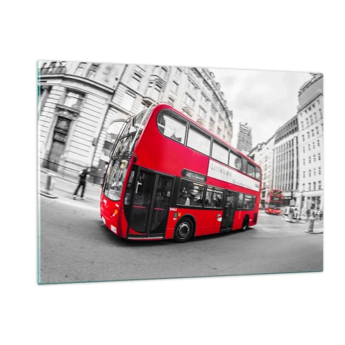 Glasbild - Bild auf glas - Ein roter Bus in Bewegung vor der Kulisse der Londoner Straßen - 120x80cm - London traditionell - mit dem Bus - Moderne Wanddekoration für Wohnzimmer und Schlafzimmer ARTTOR