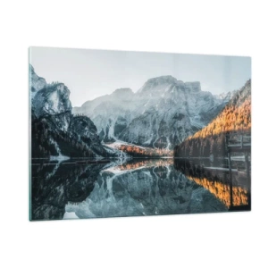 Glasbild - Bild auf glas - Eine Berglandschaft spiegelt sich in der ruhigen Oberfläche des Sees - 120x80cm - Spiegellandschaft - Moderne Wanddekoration für Wohnzimmer und Schlafzimmer ARTTOR