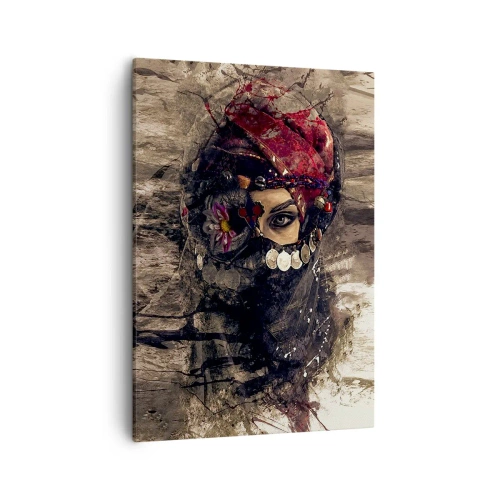 Bild auf Leinwand - Leinwandbild - Künstlerisches Porträt einer Frau in orientalischer Kleidung vor abstraktem Hintergrund. - 50x70cm - Gelinde gesagt besorgniserregend - Moderne Wanddekoration für Wohnzimmer und Schlafzimmer ARTTOR