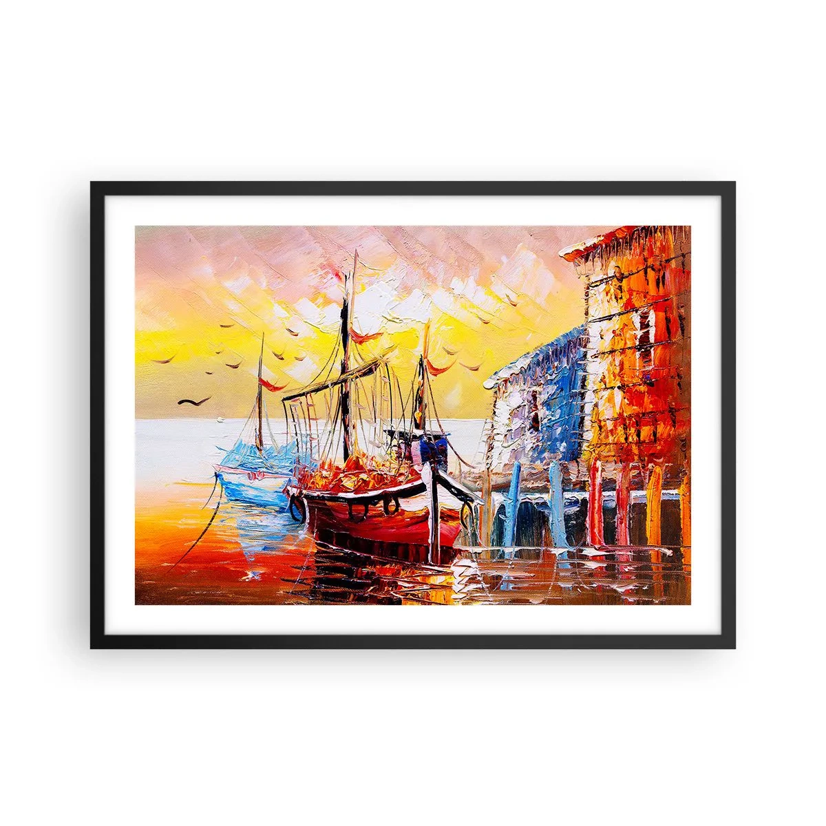 Poster in einem schwarzem Rahmen - Malerischer Hafen bei Sonnenuntergang mit Fischerbooten - 70x50cm - Glückliche Rückkehr - Moderne Wanddekoration für Wohnzimmer und Schlafzimmer ARTTOR