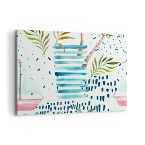 Bild auf Leinwand - Leinwandbild - Abstraktes Muster mit Palmen und nautischen Akzenten - 120x80cm - Urlaub unter Palmen - Moderne Wanddekoration für Wohnzimmer und Schlafzimmer ARTTOR