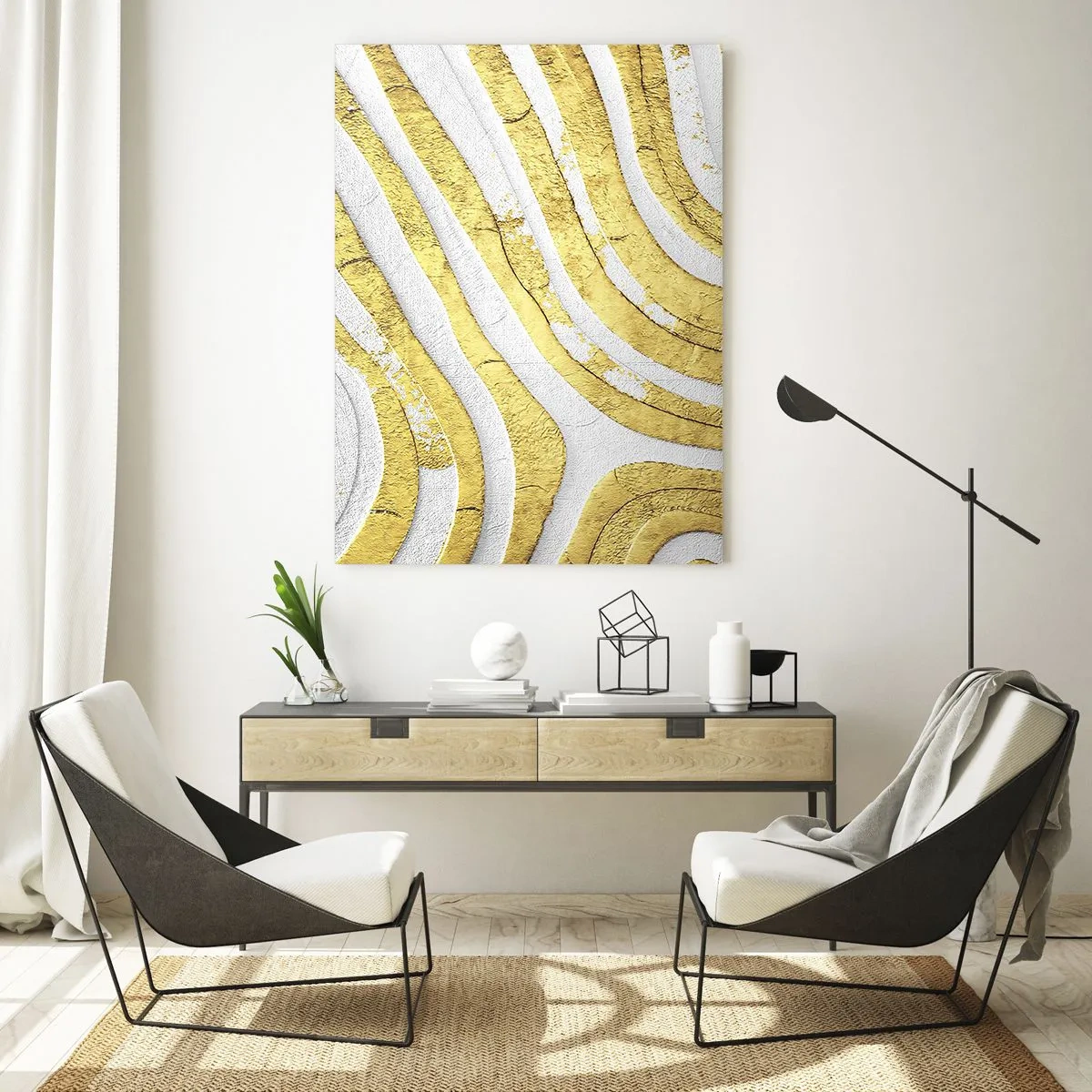 Glasbild - Bild auf glas - Gold- und Weiß-abstrakte Linien in einer 3D-Textur - 70x100cm - Komposition in Weiß und Gold - Moderne Wanddekoration für Wohnzimmer und Schlafzimmer ARTTOR