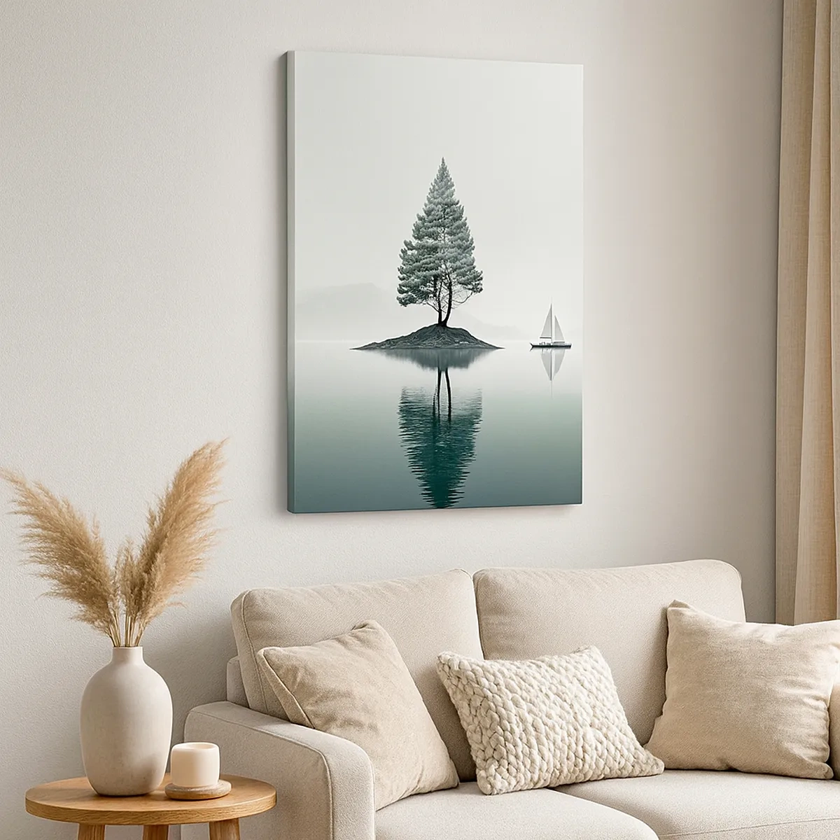 Bild auf Leinwand - Leinwandbild - Eine minimalistische Landschaft mit einem Baum auf einer Insel und einem Segelboot. - 50x70cm - Traum - Moderne Wanddekoration für Wohnzimmer und Schlafzimmer ARTTOR