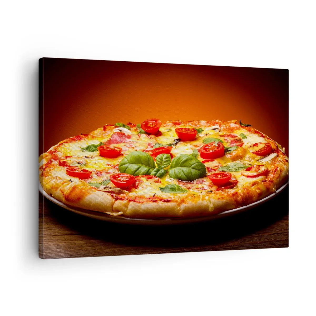 Bild auf Leinwand - Leinwandbild - Pizza mit Tomaten und Basilikum auf einem Holztisch - 70x50cm - Mamma Mia! - Moderne Wanddekoration für Wohnzimmer und Schlafzimmer ARTTOR