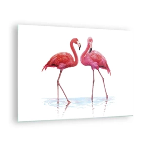 Glasbild - Bild auf glas - Zwei rosa Flamingos stehen im Wasser - 70x50cm - Rosa randez-vous - Moderne Wanddekoration für Wohnzimmer und Schlafzimmer ARTTOR