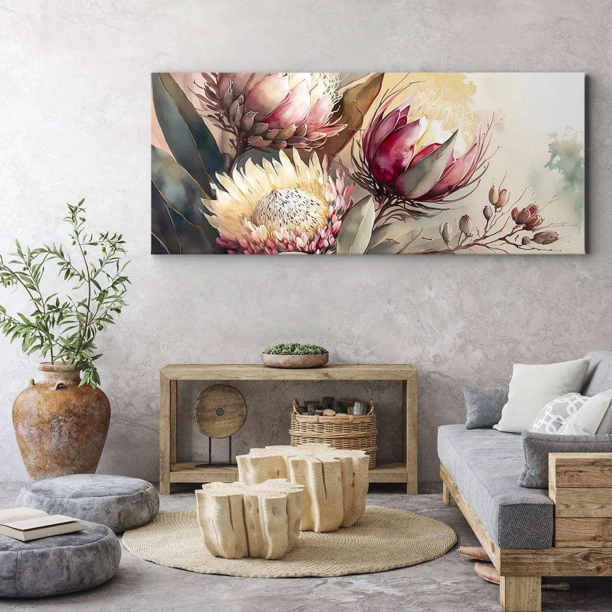 Bild auf Leinwand - Leinwandbild - Proteablüten in zarten Pastelltönen - 140x50cm - Im Profil und en face - Moderne Wanddekoration für Wohnzimmer und Schlafzimmer ARTTOR