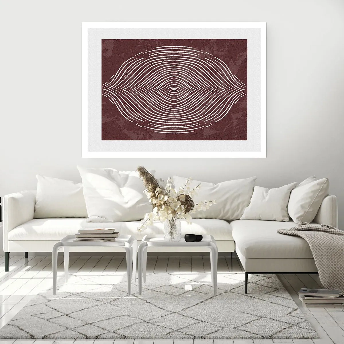 Poster - Symmetrische Wellen in weißen Linien auf braunem Hintergrund - 100x70cm - Der Raum spricht - Moderne Wanddekoration für Wohnzimmer und Schlafzimmer ARTTOR