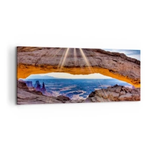 Bild auf Leinwand - Leinwandbild - Felsbogen mit Blick auf den Canyon bei Sonnenaufgang - 120x50cm - Durch das Felsentor - Moderne Wanddekoration für Wohnzimmer und Schlafzimmer ARTTOR