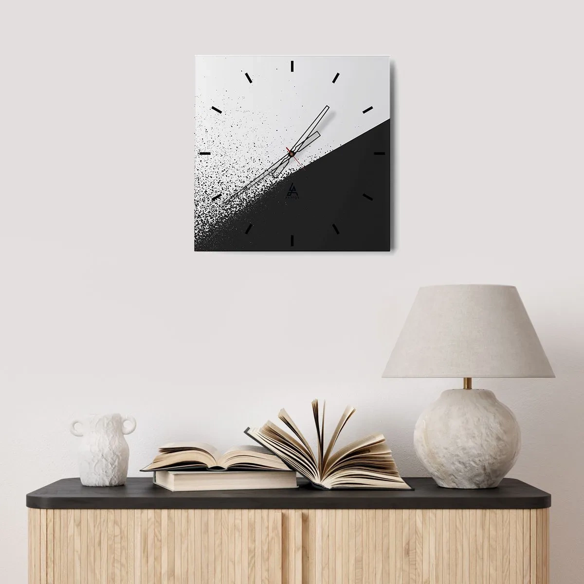 Wanduhr - Glasuhr - Minimalistische Abstraktion in Schwarz und Weiß mit verstreuten Punkten - 30x30cm - Immer schneller, immer mehr - Moderne Wanddekoration für Wohnzimmer und Schlafzimmer ARTTOR