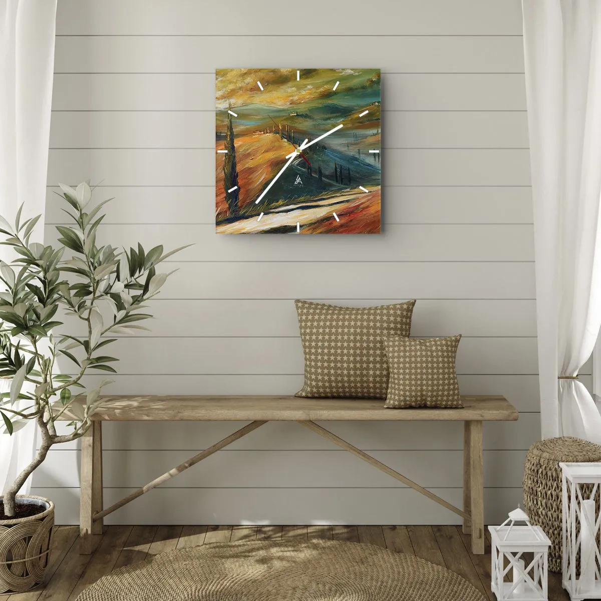 Wanduhr - Glasuhr - Toskanische Landschaft mit Feldern, Straße und Zypressen - 30x30cm - Toskanische Landschaft - Moderne Wanddekoration für Wohnzimmer und Schlafzimmer ARTTOR