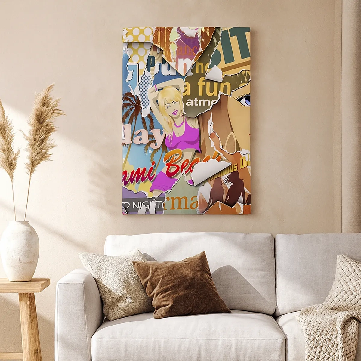 Bild auf Leinwand - Leinwandbild - Eine farbenfrohe Collage mit Retro- und Pop-Art-Elementen. - 50x70cm - Sommer Rückblicke - Moderne Wanddekoration für Wohnzimmer und Schlafzimmer ARTTOR