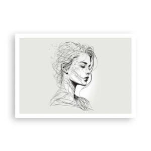 Poster - Ein zartes Frauenporträt im minimalistischen Grafikstil. - 100x70cm - Porträt im Gedanken - Moderne Wanddekoration für Wohnzimmer und Schlafzimmer ARTTOR