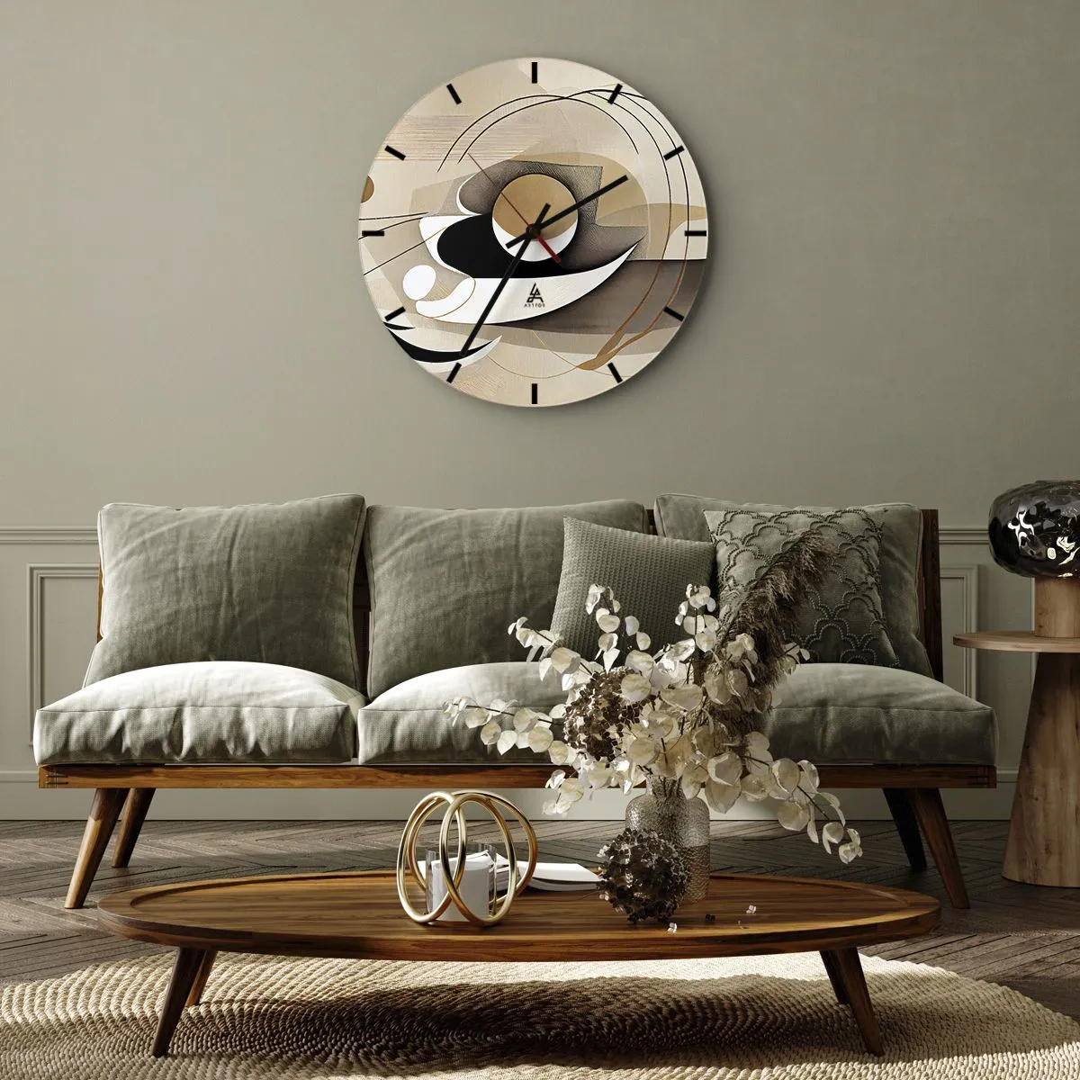 Wanduhr - Glasuhr - Eine geometrische Komposition mit Bögen und Formen in Beigetönen. - 30x30cm - Komposition: die Essenz des Wortes - Moderne Wanddekoration für Wohnzimmer, Küche und Schlafzimmer ARTTOR