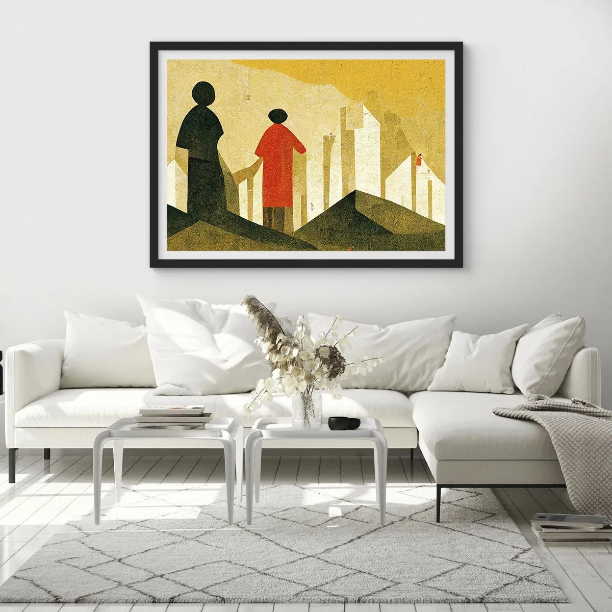 Poster in einem schwarzem Rahmen - Geometrische Silhouetten in Rot und Grün auf gelbem Hintergrund - 70x50cm - Es ist noch ein langer Weg - Moderne Wanddekoration für Wohnzimmer und Schlafzimmer ARTTOR