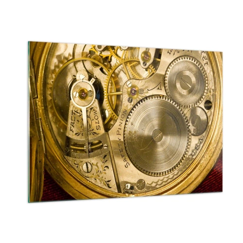 Glasbild - Bild auf glas - Uhrwerk in Gold-Finish - 100x70cm - Geh mit der Zeit - Moderne Wanddekoration für Wohnzimmer und Schlafzimmer ARTTOR