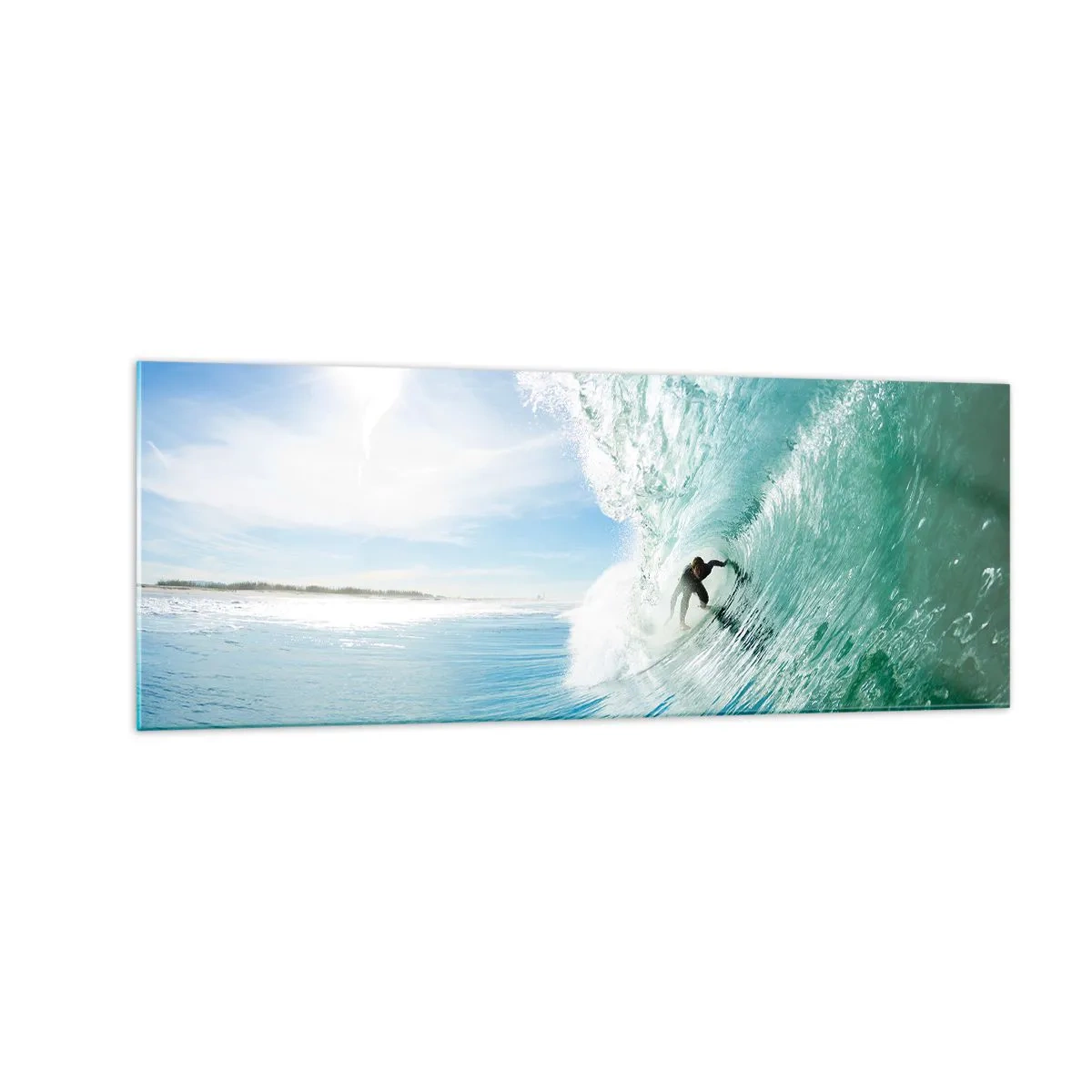 Glasbild - Bild auf glas - Ein Surfer reitet eine Welle im Sonnenlicht vor blauem Himmel - 140x50cm - Immer Top - Moderne Wanddekoration für Wohnzimmer und Schlafzimmer ARTTOR