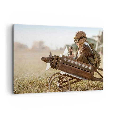 Bild auf Leinwand - Leinwandbild - Ein Kind in einem Spielzeugflugzeug mit einem Feld im Hintergrund - 100x70cm - Start in Richtung eines Traums - Moderne Wanddekoration für Wohnzimmer und Schlafzimmer ARTTOR