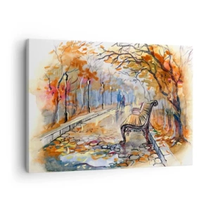 Bild auf Leinwand - Leinwandbild - Ein herbstlicher Park mit einer Bank in Aquarell - 70x50cm - Gemeinsam im Herbst wandern - Moderne Wanddekoration für Wohnzimmer und Schlafzimmer ARTTOR