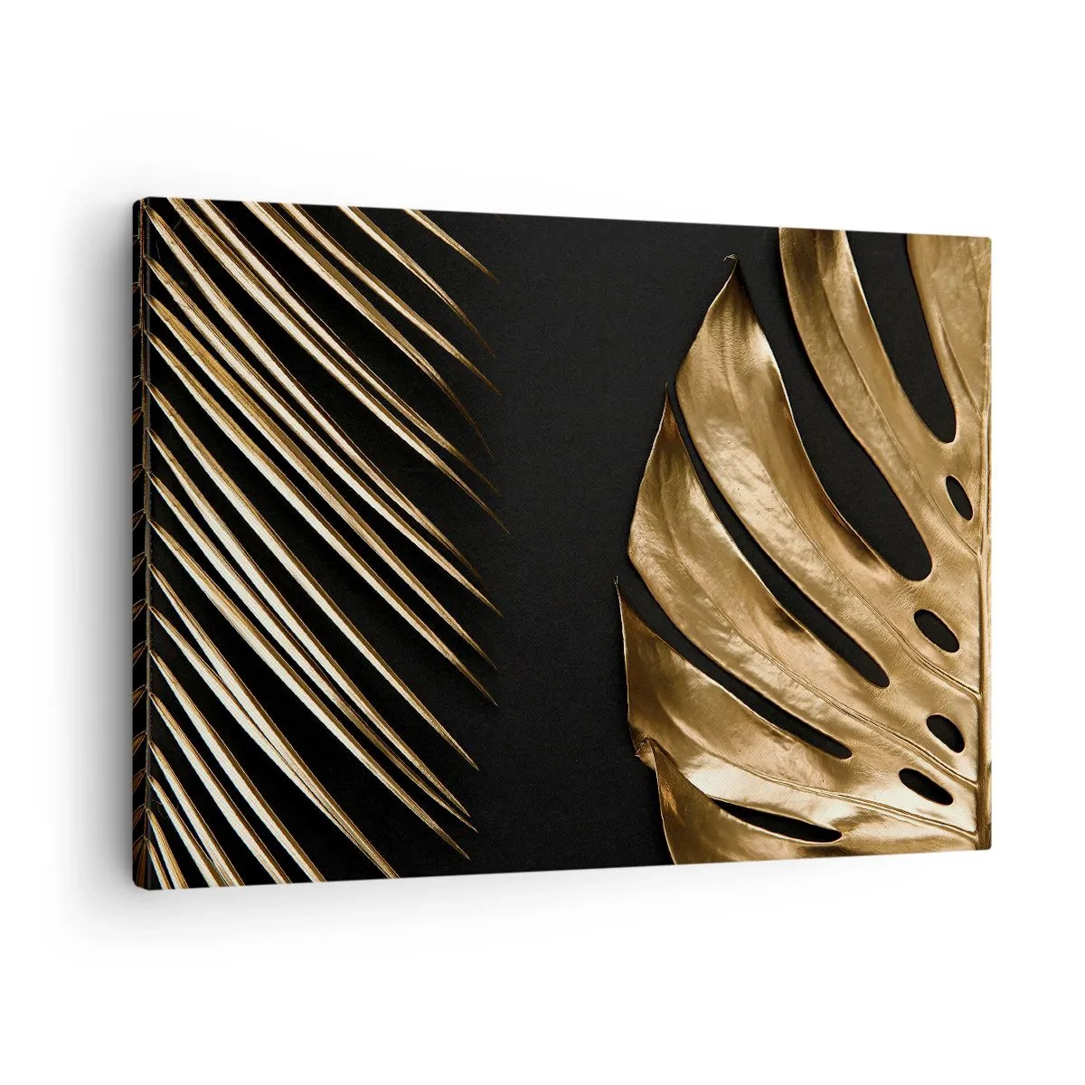 Bild auf Leinwand - Leinwandbild - Goldene Blätter auf schwarzem Hintergrund - 70x50cm - Anders und genauso teuer - Moderne Wanddekoration für Wohnzimmer und Schlafzimmer ARTTOR