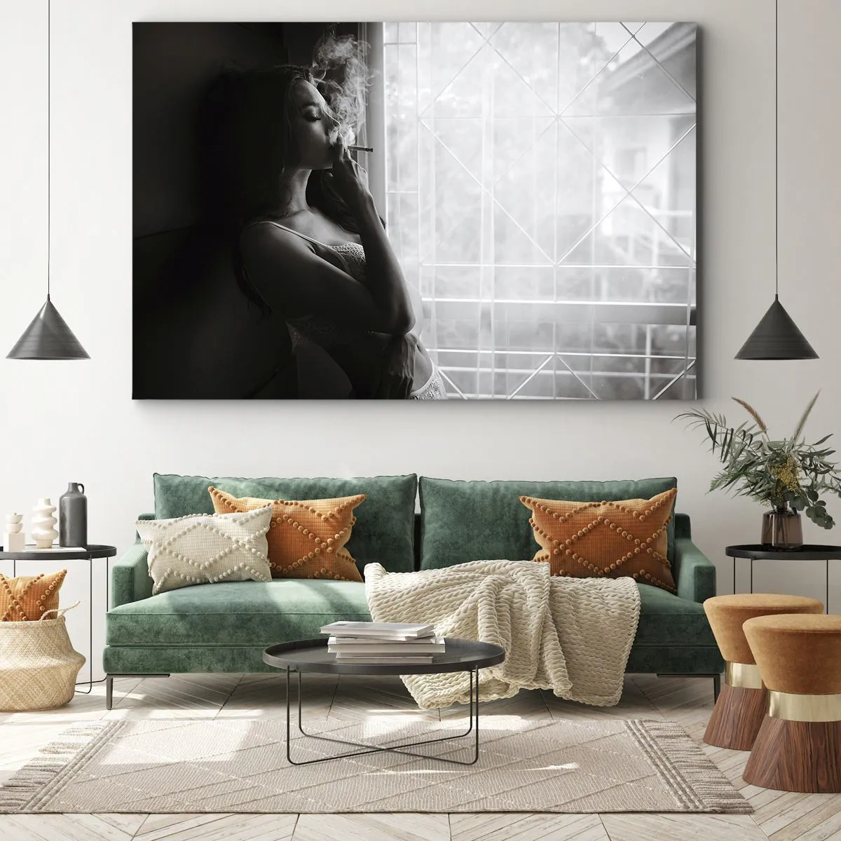 Bild auf Leinwand - Leinwandbild - Eine Frau in sinnlicher Pose auf einem Schwarzweißfoto - 100x70cm - Sinnlicher Moment - Moderne Wanddekoration für Wohnzimmer und Schlafzimmer ARTTOR